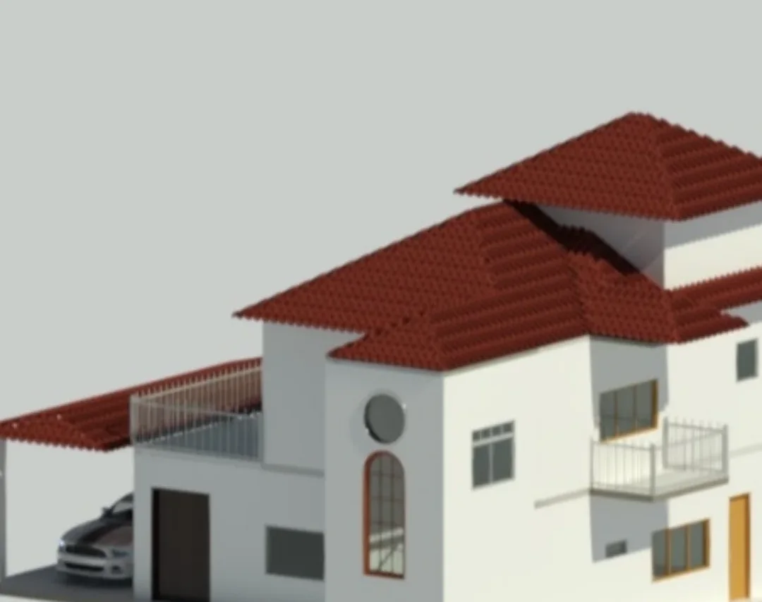 Outra vista do mesmo projeto: fachada lateral com janela em arco e varanda